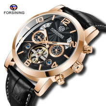 Fashion FORSINING 175 Men Mechanical Watch Leather Strap Skeleton Mens Watches Luminous Hands Clock